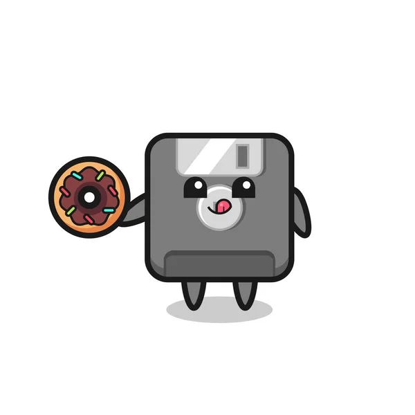 Illustration Floppy Disk Character Eating Doughnut Cute Style Design Shirt — 图库矢量图片