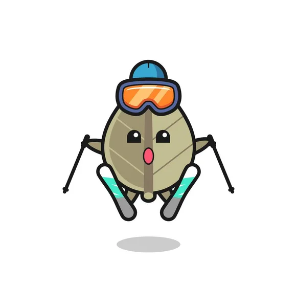 Personnage Mascotte Feuille Séchée Tant Que Joueur Ski Design Style — Image vectorielle