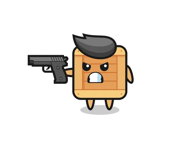 Jolie Boîte Bois Personnage Tirer Avec Pistolet Conception Style Mignon — Image vectorielle