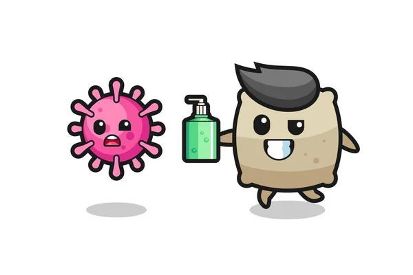 Illustration Sack Character Chasing Evil Virus Hand Sanitizer Cute Style — Stock Vector