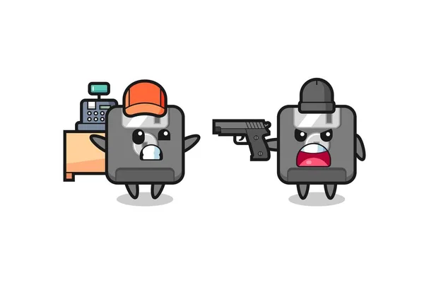 Illust Cute Floppy Disk Cashier Pointed Gun Robber Cute Style — Vector de stock