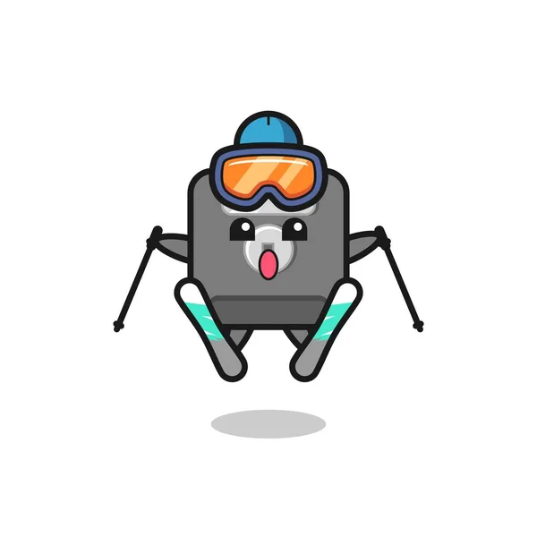 Disquete Personaje Mascota Del Disco Como Jugador Esquí Lindo Diseño — Archivo Imágenes Vectoriales