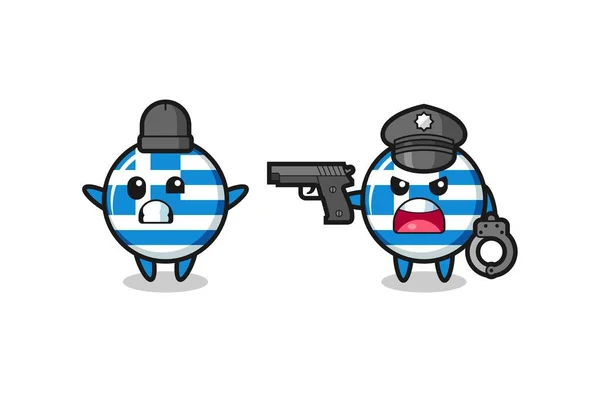 警察抓起双手摆姿势的希腊国旗抢劫犯的图片 T恤衫 标志元素的可爱样式设计 — 图库矢量图片