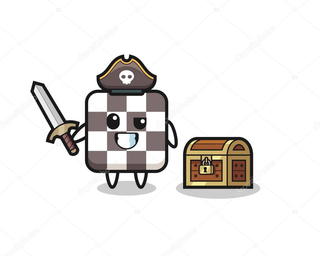 the chess board pirate character holding sword beside a treasure box , cute style design for t shirt, sticker, logo element