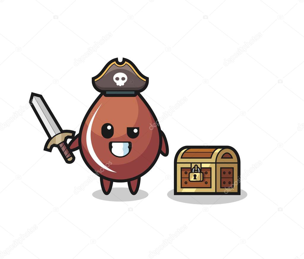 the chocolate drop pirate character holding sword beside a treasure box , cute style design for t shirt, sticker, logo element