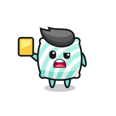 Futbol hakemi olarak çizgi film karakteri sarı kart veriyor, tişört, çıkartma, logo elementi için şirin bir tasarım.