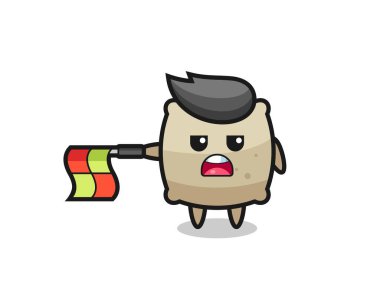 Çizgi yargıcı olarak çuval karakter bayrağı yatay tutun, tişört, etiket, logo ögesi için şirin tasarım