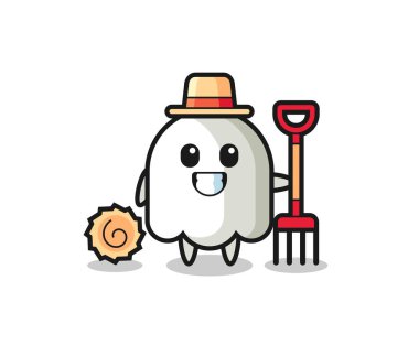 Çiftçi olarak hayaletin maskot karakteri, tişört, çıkartma, logo elementi için şirin bir tasarım.