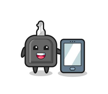Araba anahtarı çizim karikatürü elinde akıllı telefon, tişört, etiket, logo elemanı için şirin bir tasarım.
