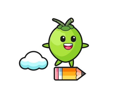 Dev bir kalemle gezen hindistan cevizi maskotu çizimi, tişört, çıkartma, logo elementi için şirin bir tasarım.