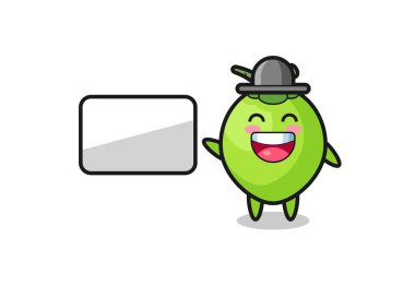 Hindistan cevizi karikatür çizimi bir sunum yapıyor, tişört, etiket, logo ögesi için şirin bir tasarım.