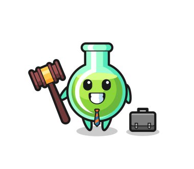 Bir avukat olarak laboratuvar beher maskotu tasviri, tişört, etiket, logo elementi için şirin bir tasarım.