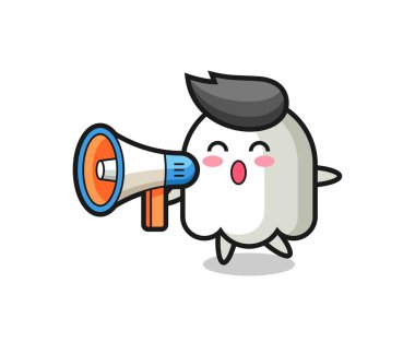 Hayalet karakter çizimi elinde megafon, tişört, etiket, logo elementi için şirin bir tasarım.