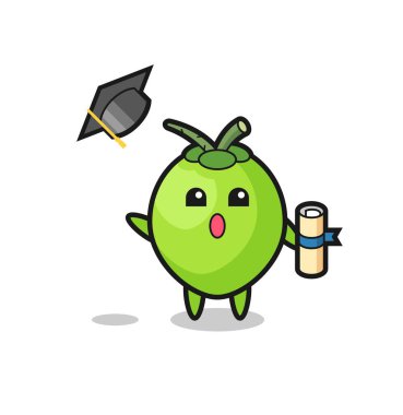 Mezuniyette şapkayı fırlatan hindistan cevizi karikatürü tişört, çıkartma, logo elementi için şirin bir tasarım.