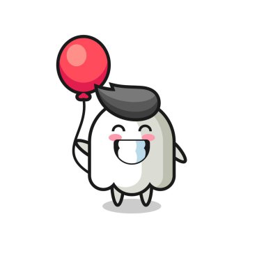 Hayalet maskot illüstrasyonu balon oynuyor, tişört, etiket, logo elementi için şirin bir tasarım.