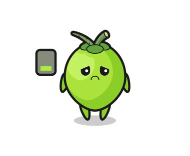 Hindistan cevizi maskotu karakteri yorgun bir jest yapıyor. Tişört, çıkartma, logo elementi için şirin bir tasarım.