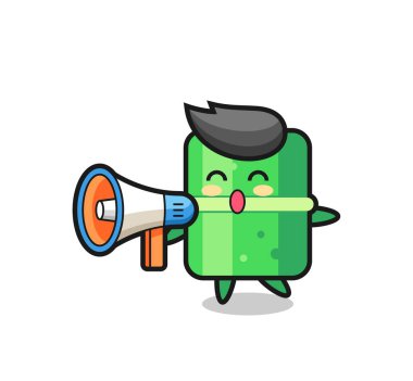 Bambu karakter çizimi elinde megafon, tişört, etiket, logo elementi için şirin bir tasarım tutuyor.