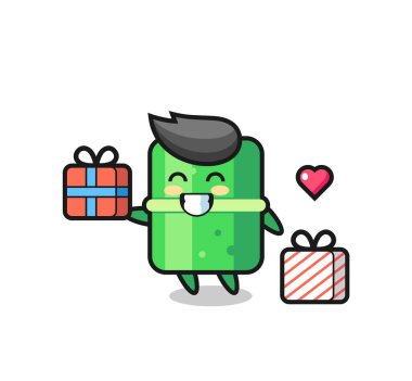 Bambu maskot çizgi filmi hediyeyi veriyor. Tişört, çıkartma, logo elementi için şirin bir tasarım.