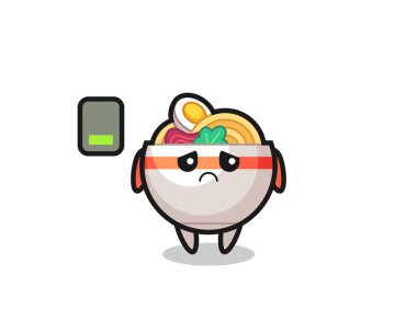 Erişte kasesi maskotu yorgun bir jest yapıyor. Tişört, çıkartma, logo elementi için şirin bir tasarım.