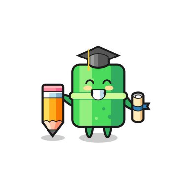 Bambu illüstrasyon karikatürü, dev bir kalemle mezuniyet, tişört, etiket, logo elementi için şirin bir tasarım.