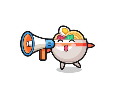 Erişte kasesi karakteri çizimi megafon taşıyor, tişört, çıkartma, logo elementi için şirin bir tasarım.