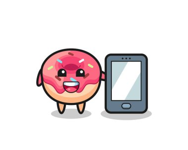 Bir akıllı telefon tutan donut çizim karikatürü