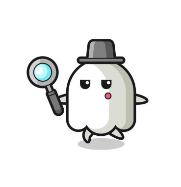 Hayalet çizgi film karakteri büyüteçle arıyor, tişört, etiket, logo elementi için şirin bir tasarım.