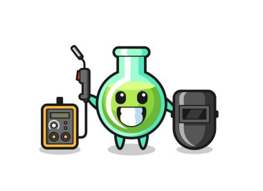 Tişört, etiket ve logo elementleri için kaynak makinesi, şirin bir stil tasarımı olarak laboratuvar beherlerinin karakteristik maskotu