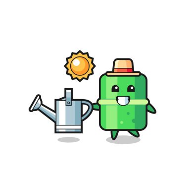 Bambuların elinde sulama kutusu olan çizgi film karakteri, tişört, çıkartma, logo elementi için şirin bir tasarım.