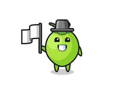 Bayrak tutan hindistan cevizi çizgi film karakteri, tişört, etiket, logo elementi için şirin bir tasarım.