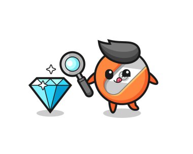 Kalem açacağı maskotu elmasın orijinalliğini kontrol ediyor. Tişört, çıkartma, logo elementi için şirin bir tasarım.