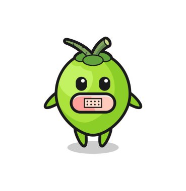 Ağzı bantlı hindistan cevizi çizgi filmi, tişört, çıkartma, logo elementi için şirin bir tasarım.