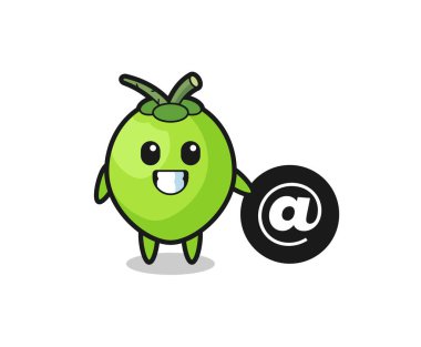 Sembolün yanında duran hindistan cevizi çizgi filmi tasarımı, tişört, etiket, logo elementi için şirin bir tasarım.