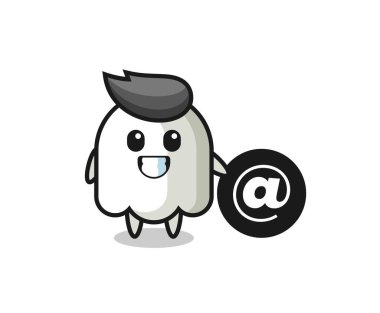 Sembolün yanında duran hayaletin çizgi film çizimi tişört, etiket, logo elementi için şirin bir tasarım.