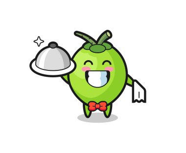 Garson olarak hindistan cevizi maskotu, tişört, etiket, logo elementi için şirin bir tasarım.