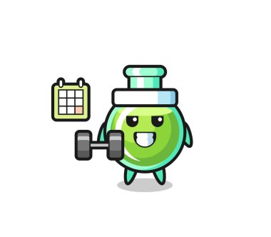 Labaratuar beherleri maskot çizgi filmi halterle spor yapıyor, tişört, çıkartma, logo elementi için şirin bir tasarım.