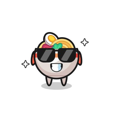 Havalı jestli makarna kasesinin çizgi film maskotu tişört, çıkartma, logo elementi için şirin bir tasarım.