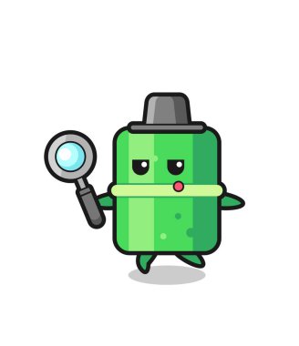 Bambu çizgi film karakteri büyüteçle arıyor. Tişört, çıkartma, logo elementi için şirin bir tasarım.