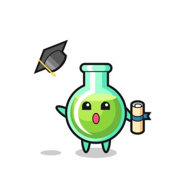 Mezuniyette şapkayı fırlatan laboratuvar deney şişeleri karikatürü tişört, etiket ve logo elementi için şirin bir tasarım.