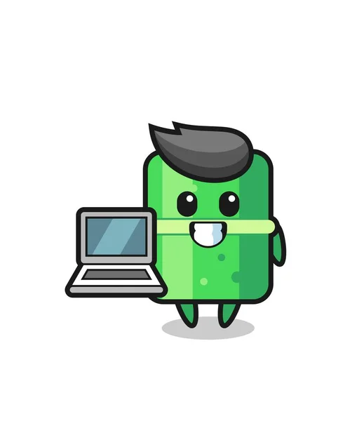 Mascota Ilustración Bambú Con Una Computadora Portátil Lindo Diseño Estilo — Vector de stock