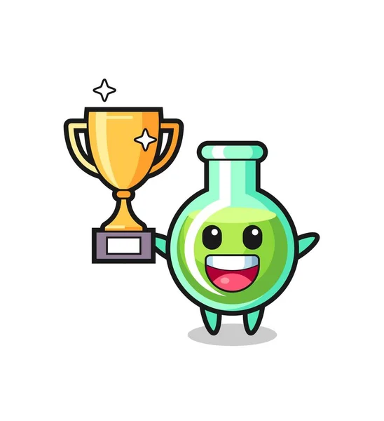 Cartoon Illustration Lab Beakers Happy Holding Golden Trophy Cute Style — Stock Vector