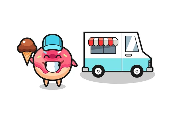 Mascota Dibujos Animados Donut Con Camión Helados — Vector de stock