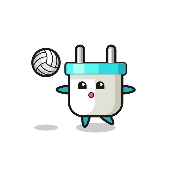 Personaje Dibujos Animados Enchufe Eléctrico Está Jugando Voleibol — Vector de stock