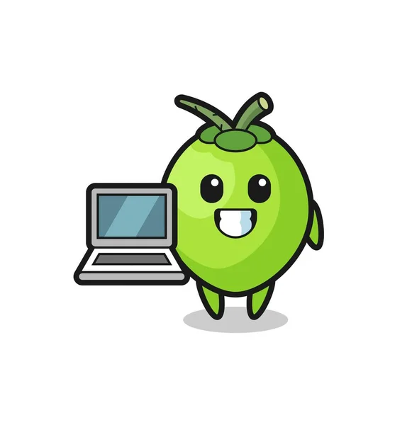 Mascot Illustration Kelapa Dengan Laptop Desain Gaya Lucu Untuk Shirt - Stok Vektor