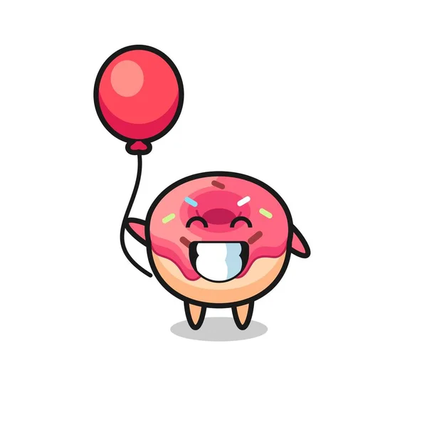 Donut Mascote Ilustração Está Jogando Balão — Vetor de Stock