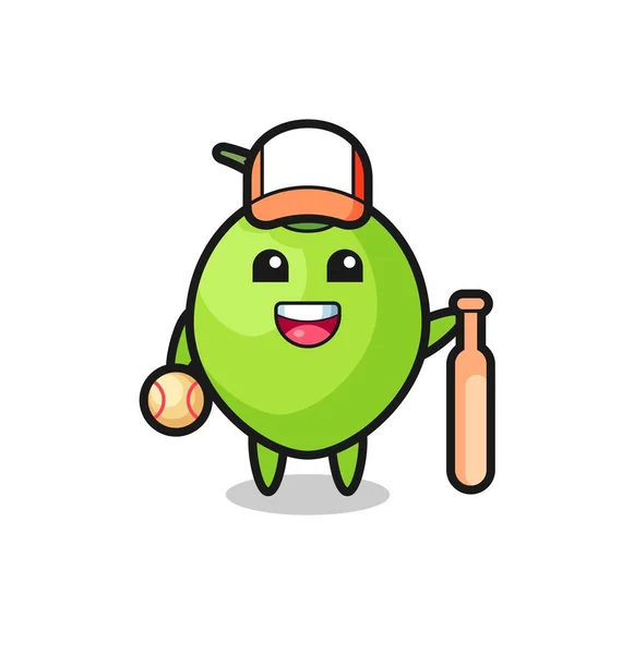 Cartoon Χαρακτήρα Της Καρύδας Παίκτης Του Μπέιζμπολ Χαριτωμένο Σχεδιασμό Στυλ — Διανυσματικό Αρχείο