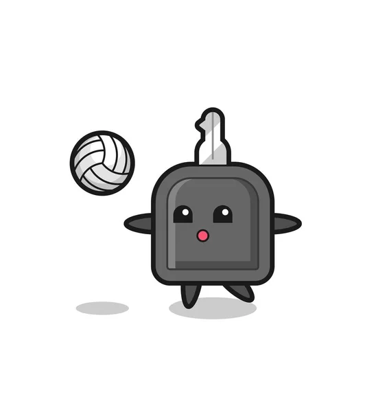 Personaje Dibujos Animados Llave Del Coche Está Jugando Voleibol Diseño — Vector de stock