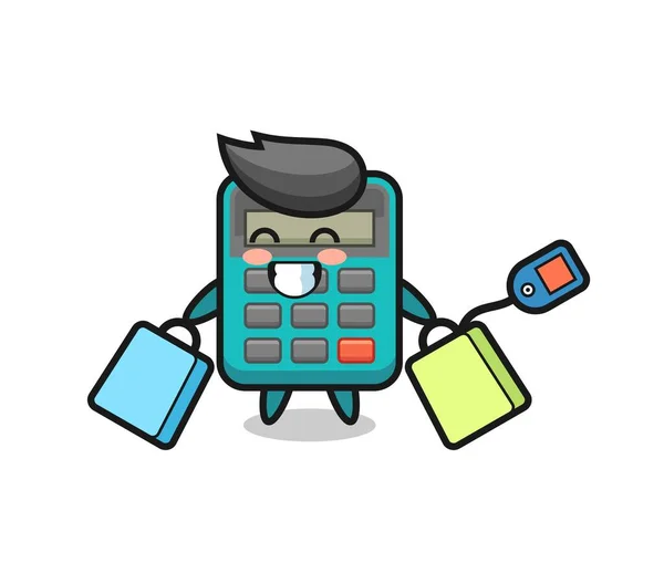 Calculadora Mascote Cartoon Segurando Saco Compras Design Estilo Bonito Para — Vetor de Stock