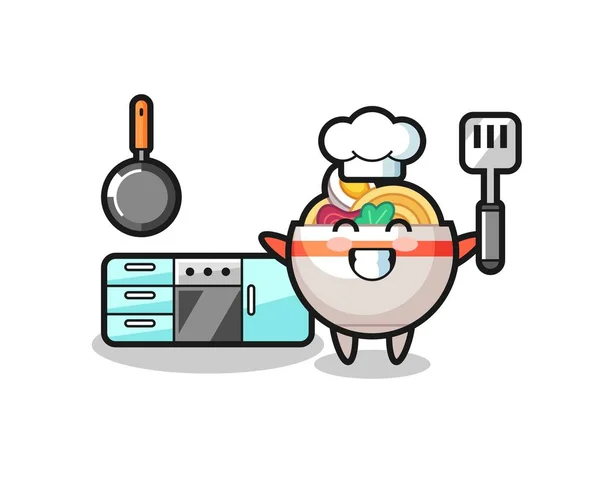 Ciotola Illustrazione Personaggio Come Uno Chef Sta Cucinando Design Stile — Vettoriale Stock