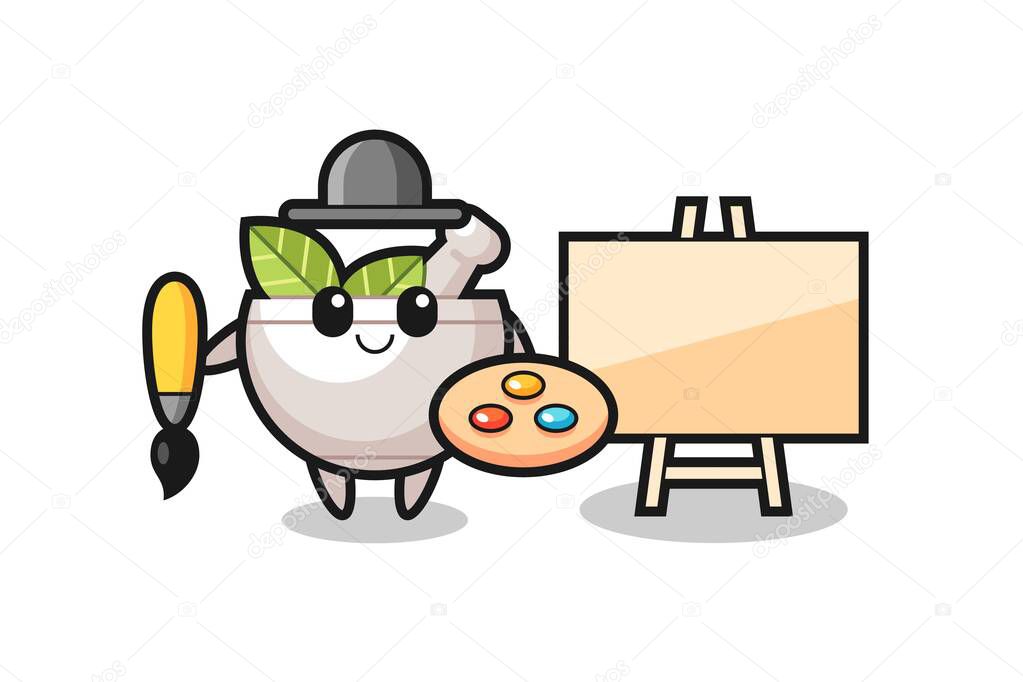 Illustration of herbal bowl mascot as a painter , cute style design for t shirt, sticker, logo element